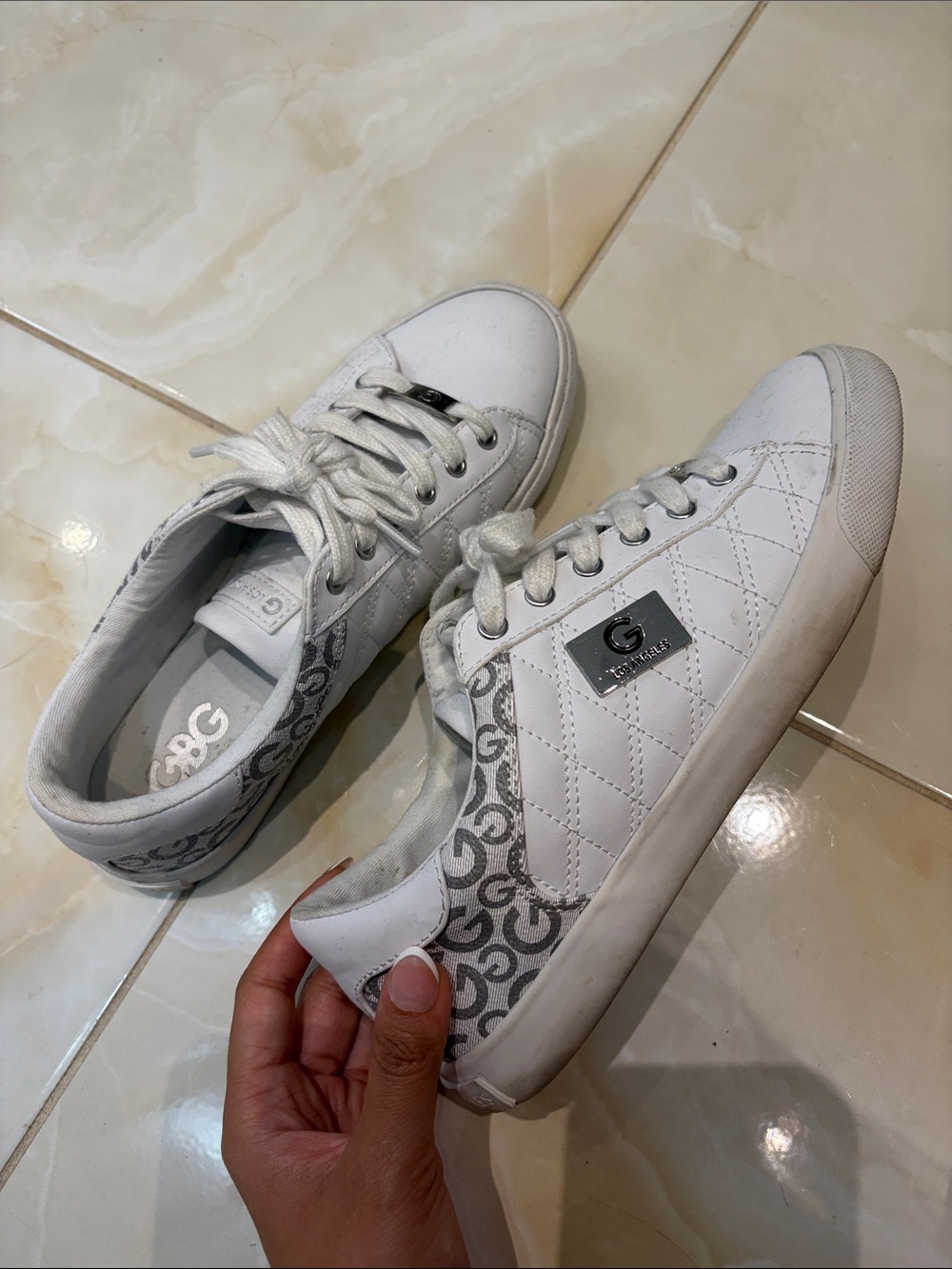 G by Guess White Lace-Up Sneakers with Gray Monogram Accent